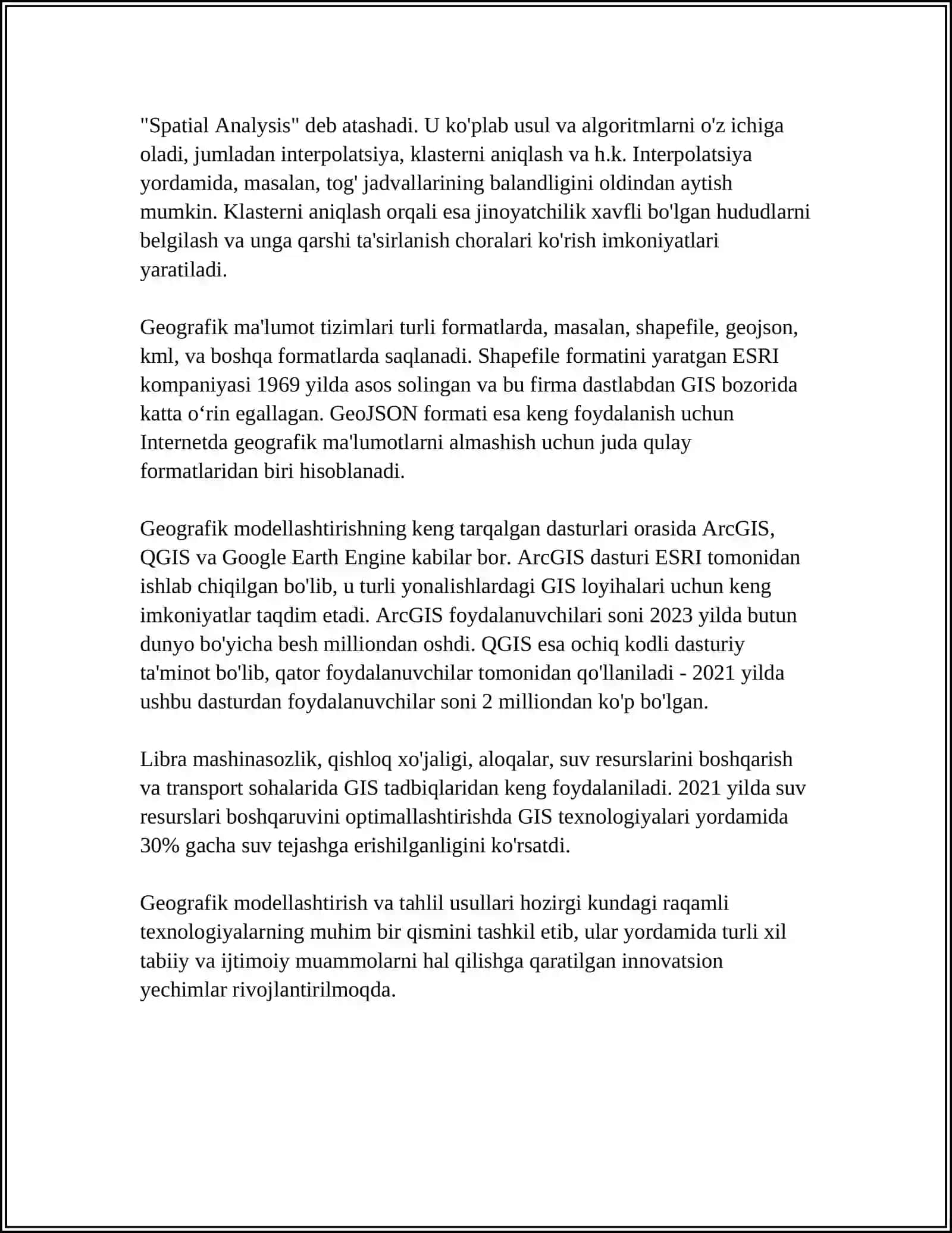 Geografik modellashtirish va tahlil usullari 4