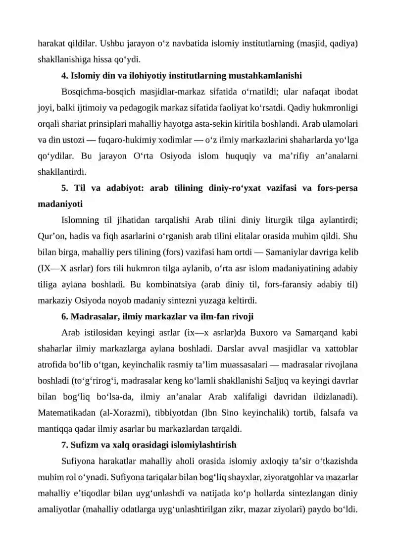 ARAB XALIFALIGI DAVRIDA O‘RTA OSIYODA ISLOM MADANIYATINING YOYILISHI 4