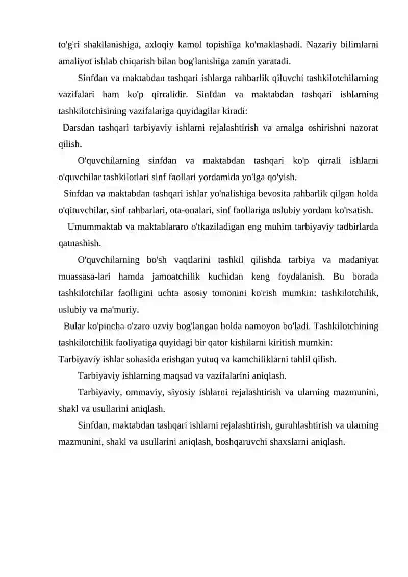 Sinfdan tashqari tarbiyaviy ishlarning maqsadi va vazifalari. 4