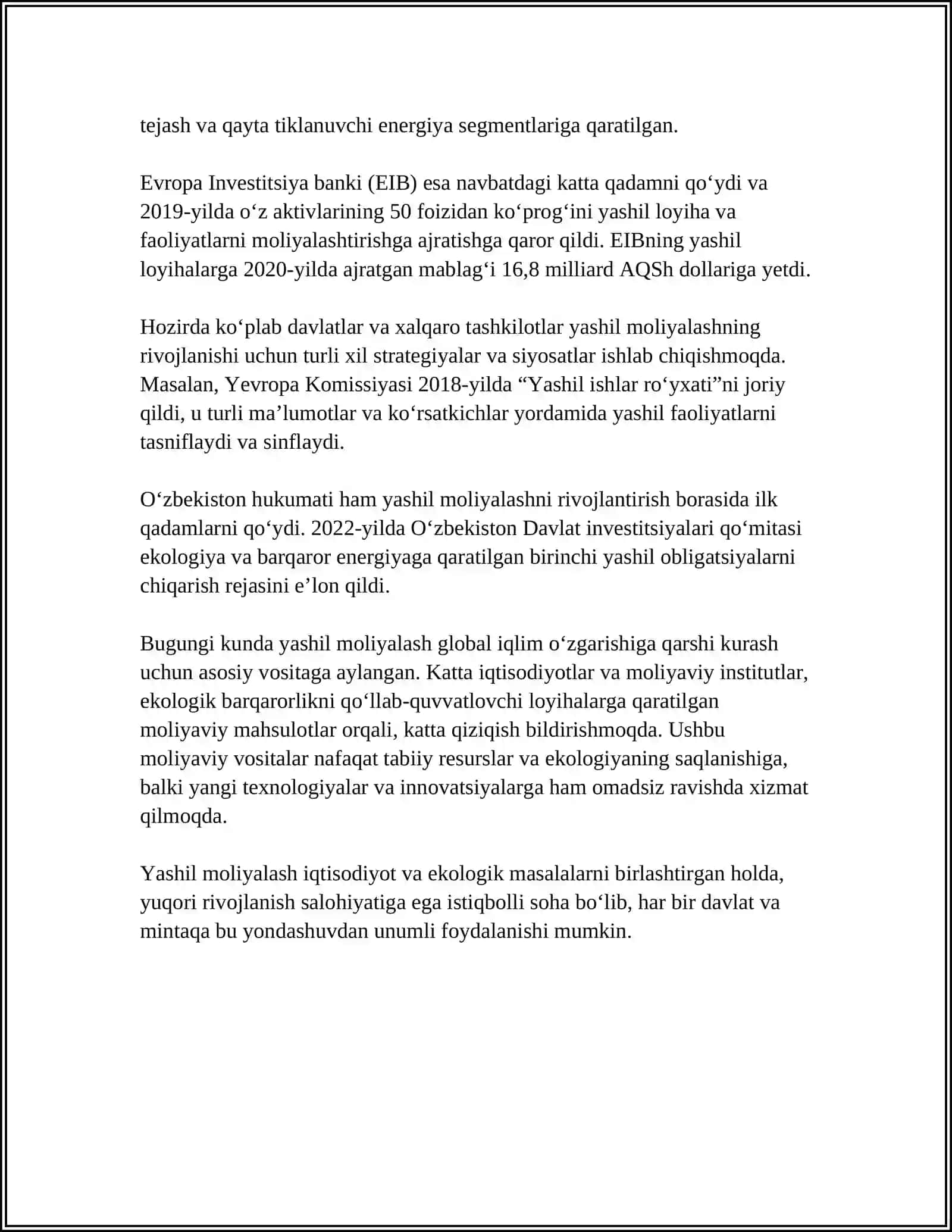 YASHIL IQTISODIYOTGA OʼTISH SIYOSATIGA QOʼLLANILADIGAN DASTAKLAR 4