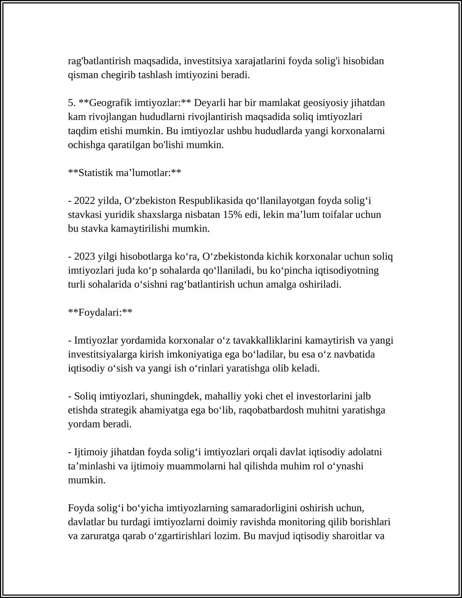 FOYDA SOLIG'I BO'YICHA IMTIYOZLAR VA ULARNING MOLIYA XO'JALIK FAOLIYATIGA TA'SIRI 4