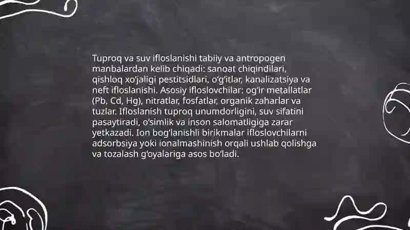Tuproq suvning ifloslanishida ion bog'lanishli birikamalari aniqlash 4
