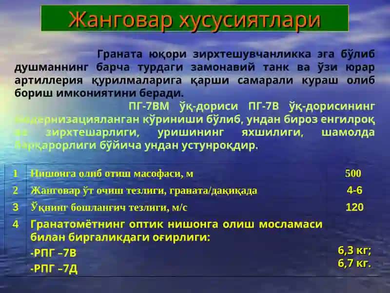 40 мм танкка қарши қўл гранатомёти (РПГ-7) нинг қўлланилиши, жанговар хусусиятлари, тузилиши, тўлиқсиз қисмларга ажратиш ва йиғиш тартиби. 4