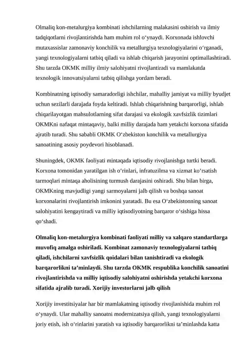 Olmaliq kon-metalurgiya kombinati (OKMK) o’rni va ahamiyati 4