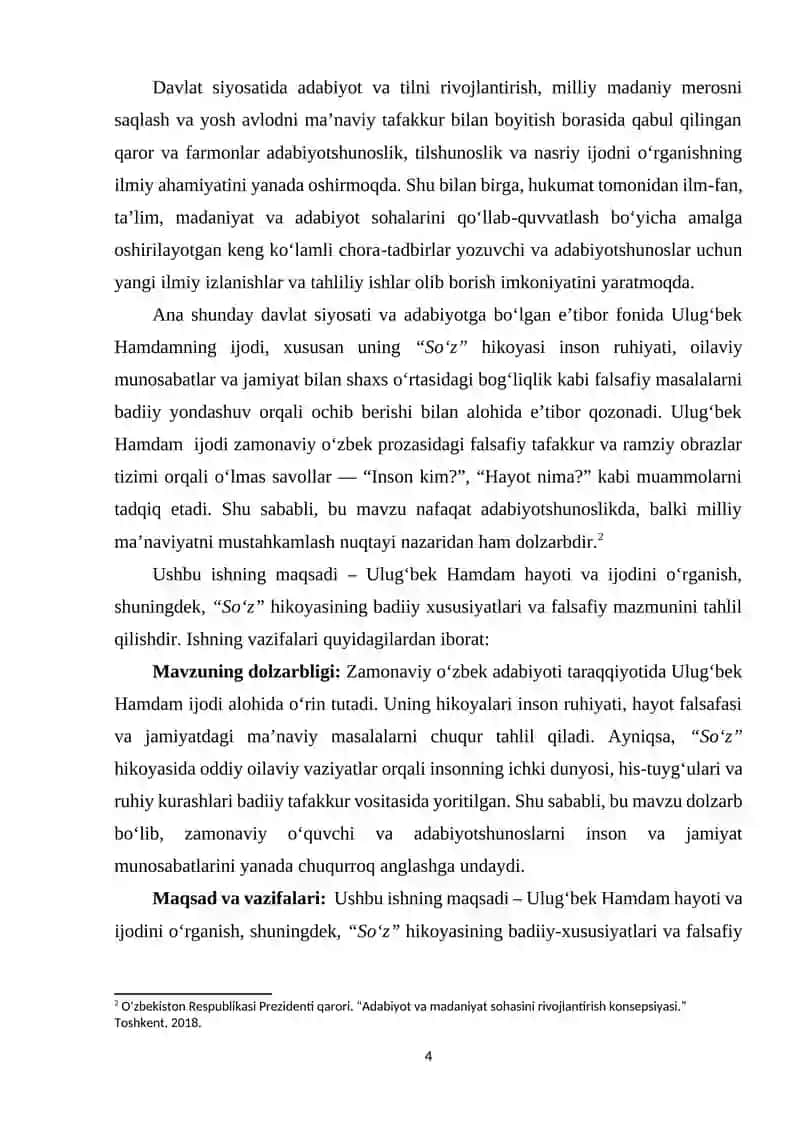 "ULUGʻBEK HAMDAM HAYOTI VA IJODI “SOʻZ “HIKOYASI TAHLILI" 4