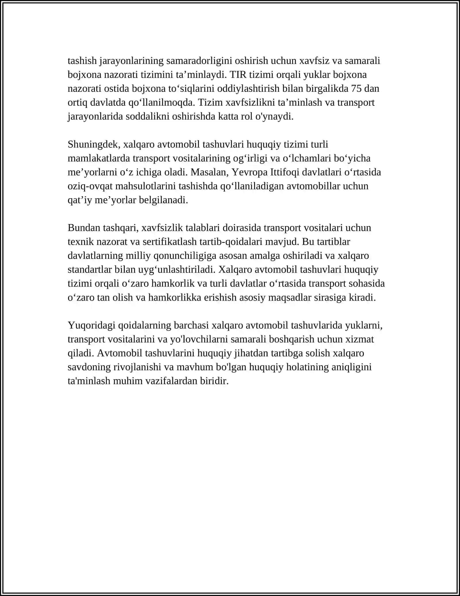 AVTOMABILLARDA YUK VA YOʻLOVCHILARNI XALQARO TASHISHLARNING HUQUQIY ASOSLARI 4