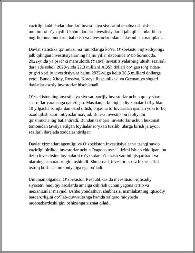 O'ZBEKISTONDA INVESTITSIYON IQTISODIY SIYOSAT 4