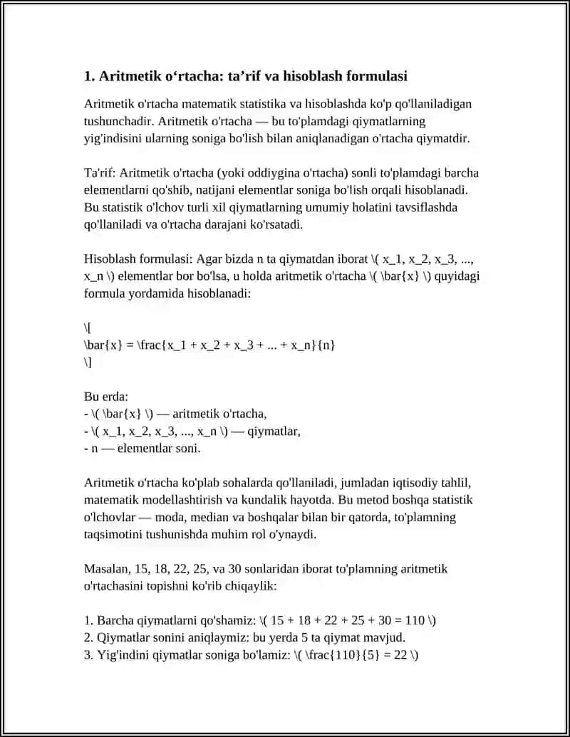 STATISTIKA FANIDAN: OʻRTACHA MIQDORLAR MAVZUSI HAQIDA 4