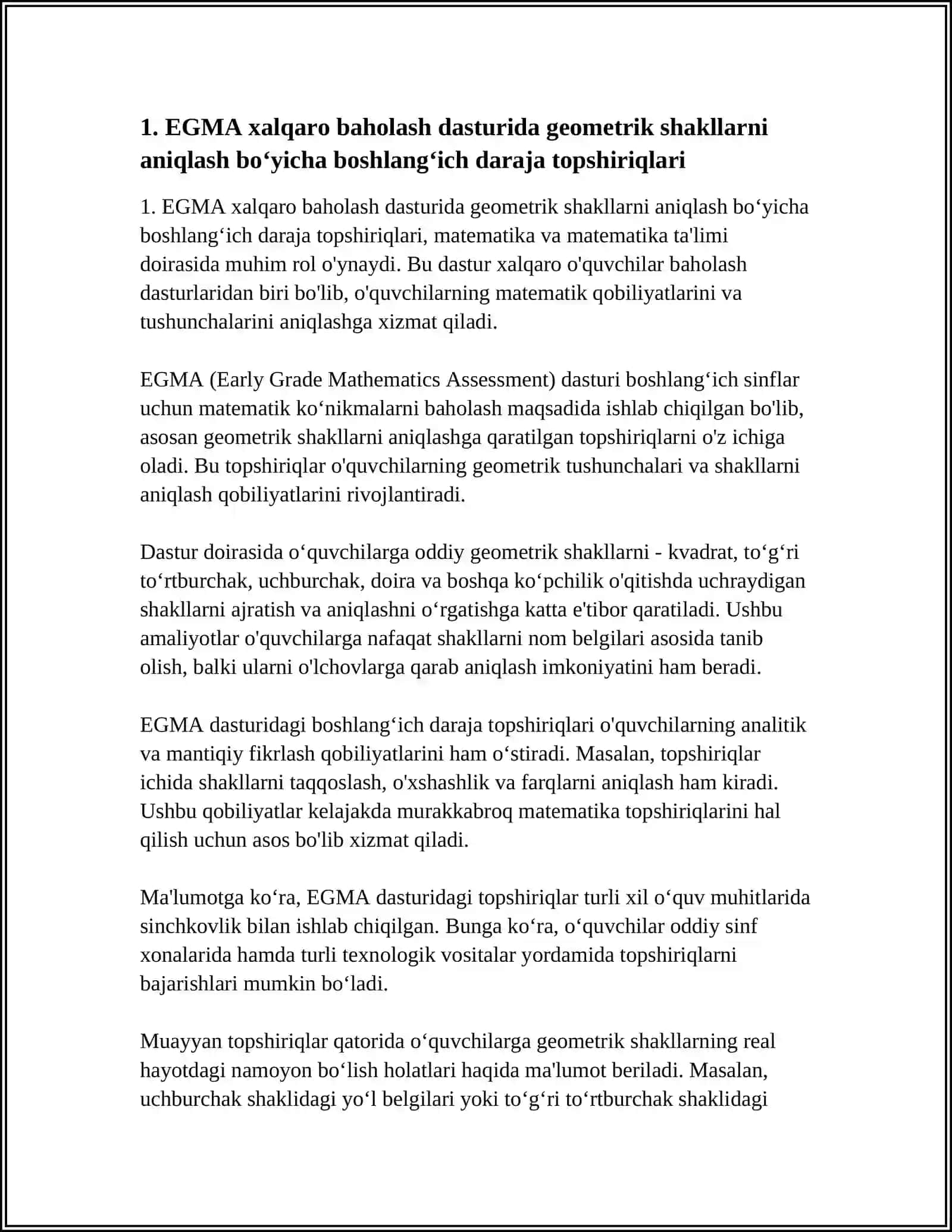 EGMA XALQARO BAXOLASH DASTURIDA GEOMETRIK SHAKLLAR VA OʻLCHASHLAR MAZMUN SOHASIGA OID TOPSHIRIQLAR 4