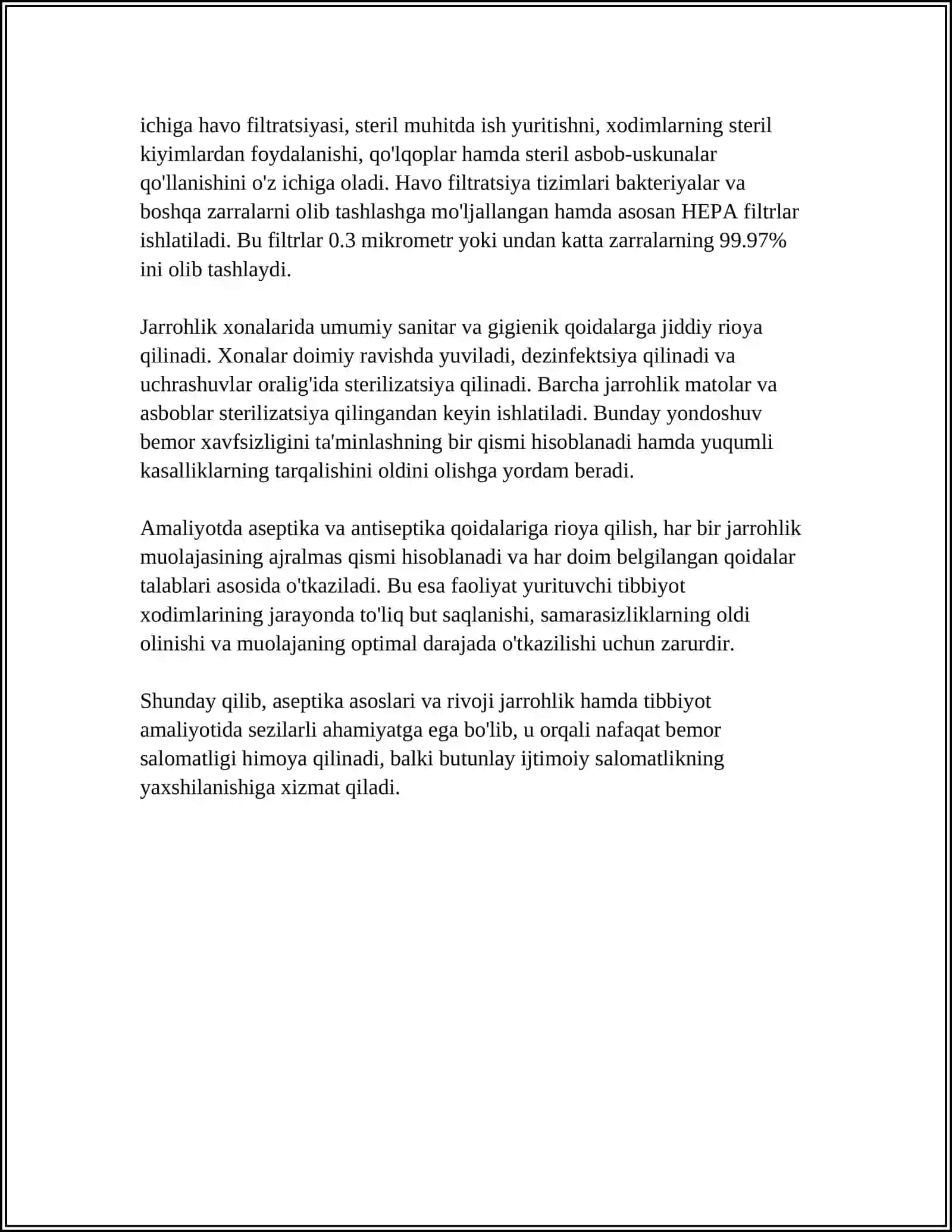 ASEPTIKA ASOSLARI. BOGʻLOV VA OPERATSIYA XONALARINING TUZILISHI 4