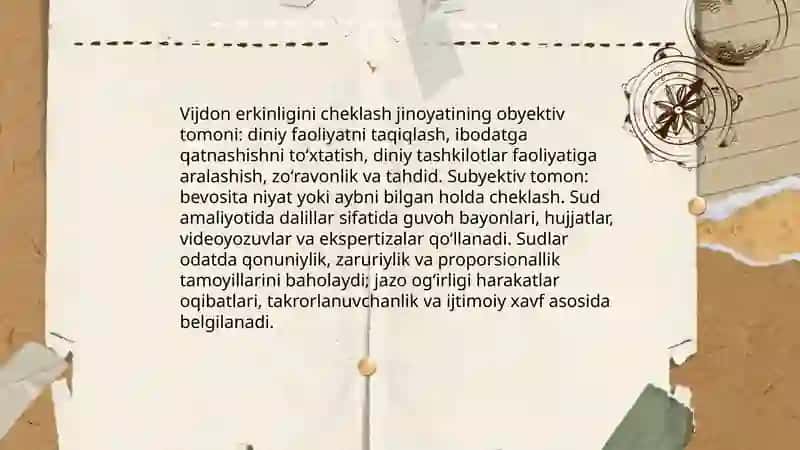 Vijdon erkinligi va diniy tashkilotlar toʻgʻrisidagi qonun hujjatlarini buzganlik uchun jinoiy javobgarlik 4