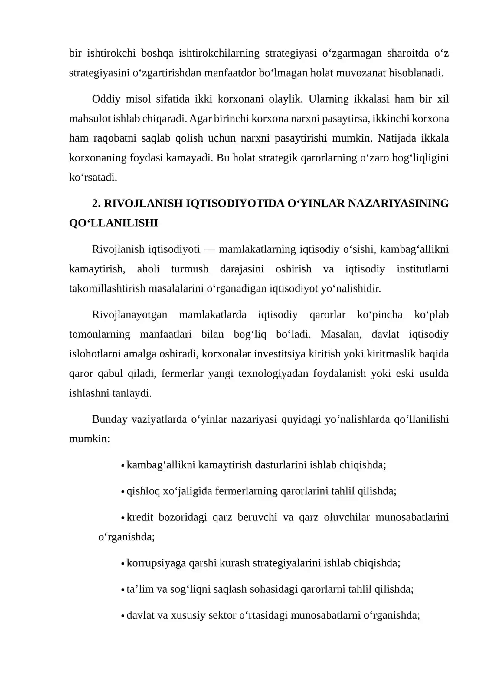 RIVOJLANISH IQTISODIYOTIDA O‘YINLAR NAZARIYASINING QO‘LLANILISHIGA OID AMALIY MISOLLARNI O‘RGANISH 4