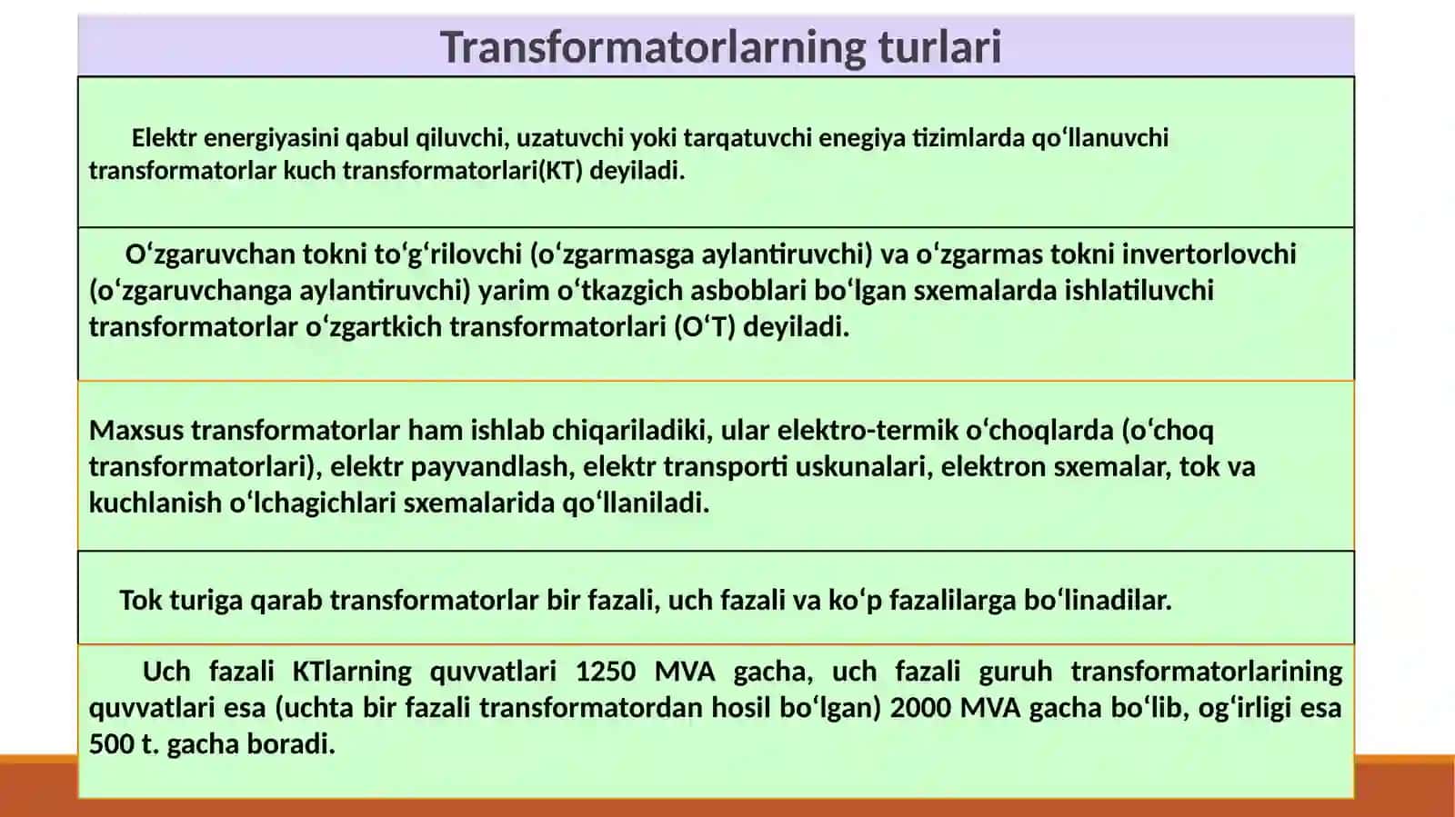 1 Transformatorlar 2 Uch fazali transformatorlar 3 O‘zgarmas tok mashinalari  4 Asinxron elektr dvigatellari 5 Sinxron mashina 4