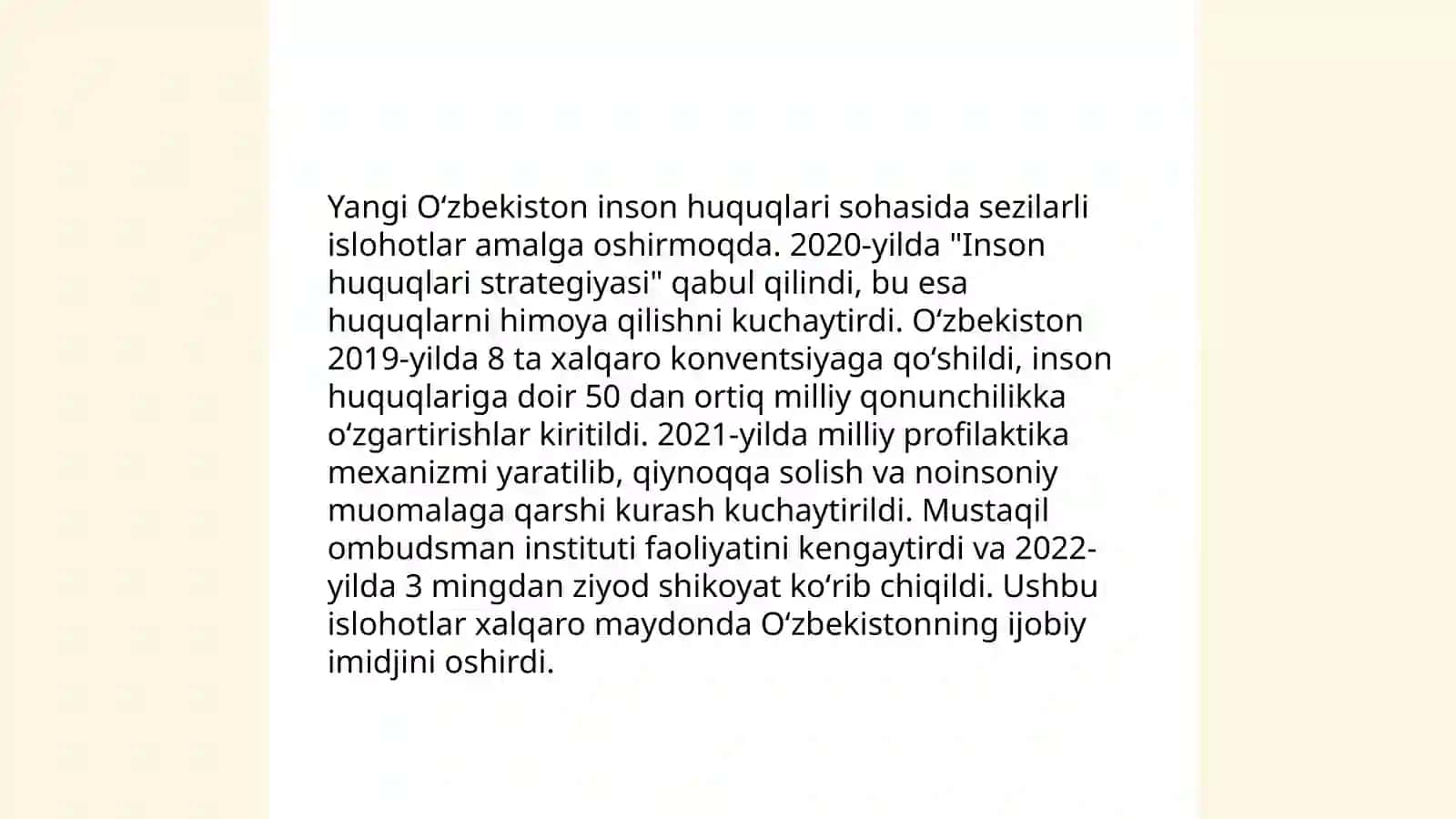 Yangi Oʻzbekistonda inson haq-huquqlari va erkinliklari kafolatining yaratilishi 4