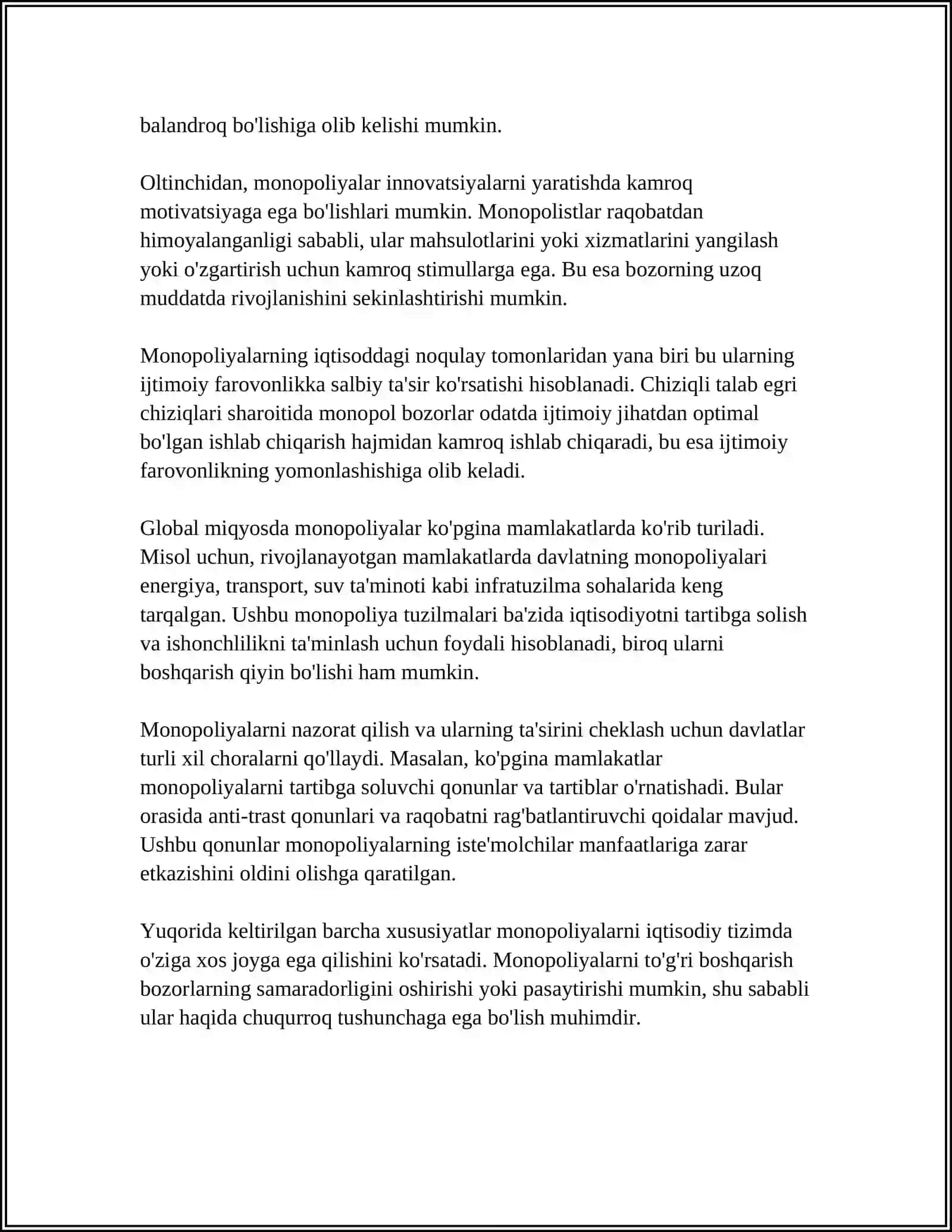 MONOPOLIYALAR, ULARNING AMAL QILISH VA TARTIBGA SOLISH XUSUSIYATLARI 4