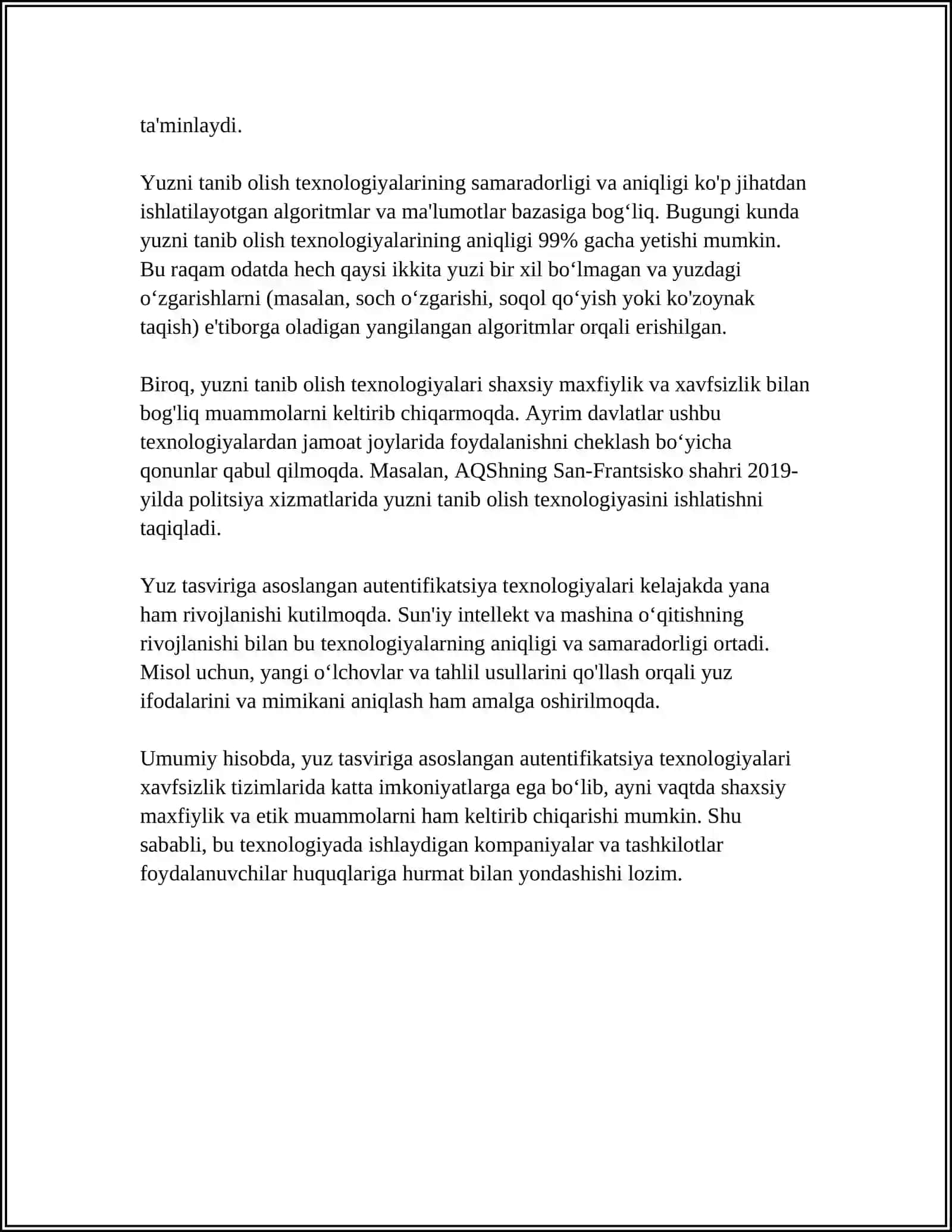 YUZ TASVIRIGA ASOSLANGAN AUTENTIFIKATSIYA USULI VA UNING XUSUSIYATLARI 4