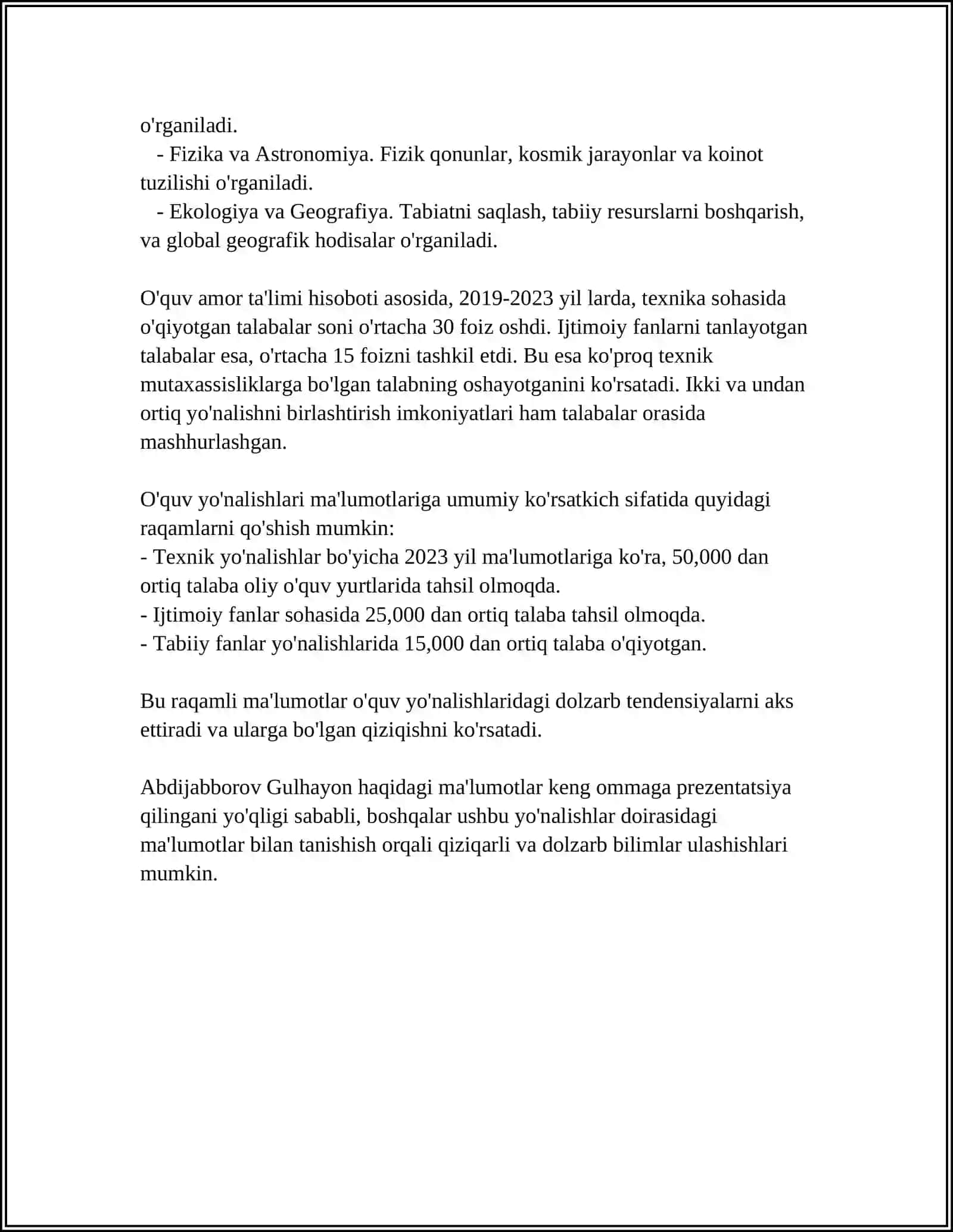 ABDUJABBOROVA GULHAYO ALYOR QIZI 3- KURS 23.21- GURUH 4