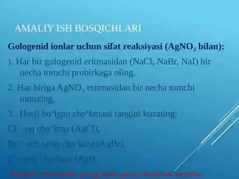 Xlorid kislota va gologenidlar va yod uchun sifat reaksiyalarini o‘rganish 4