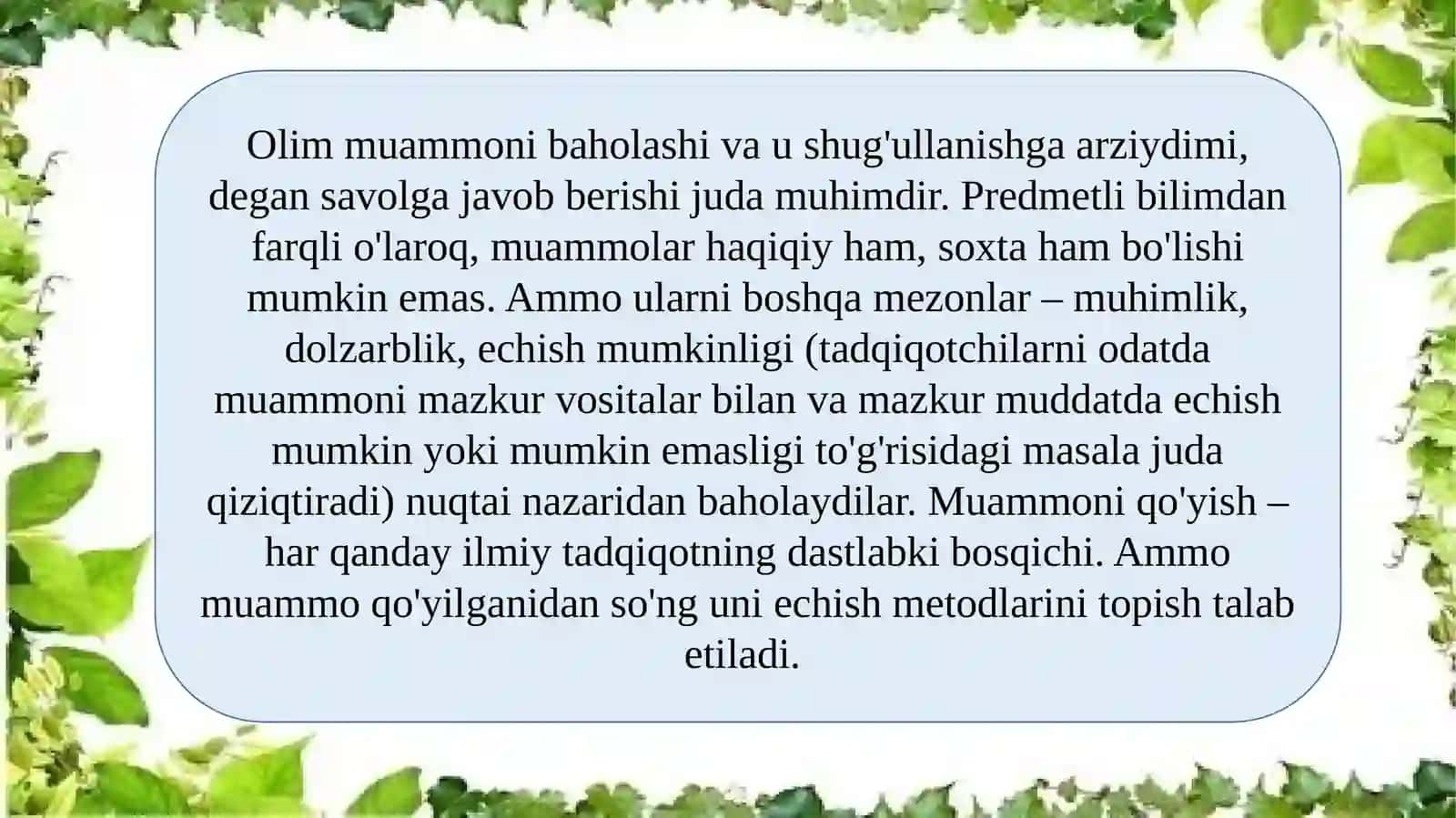 Ilmiy tadqiqot yo‘nalishini tanlash va ilmiy muammo.  tadqiqot olib borish jarayonini tashkil etish 4
