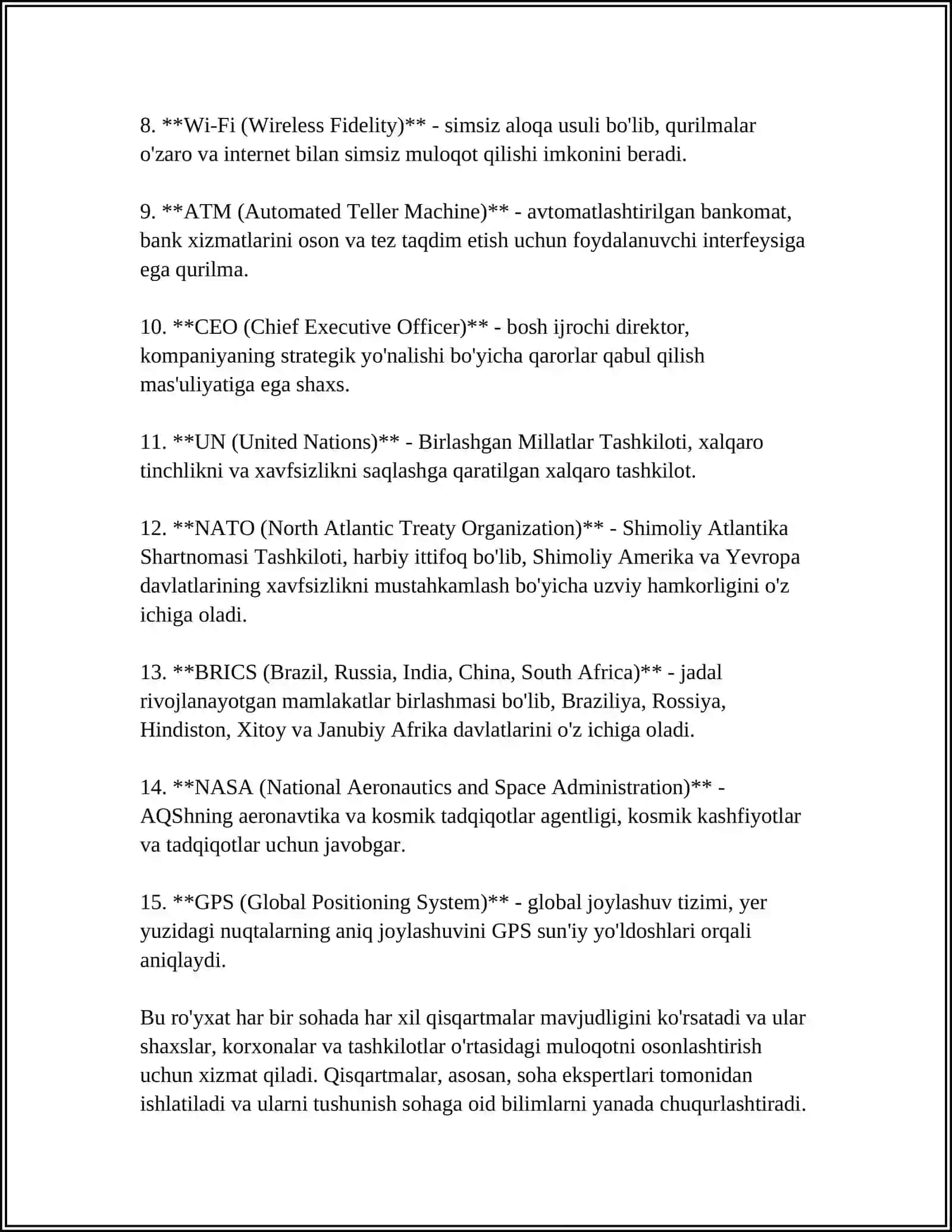 SOHAGA OID QISQARTMALAR ROʻYHATI VA IZOHI 4