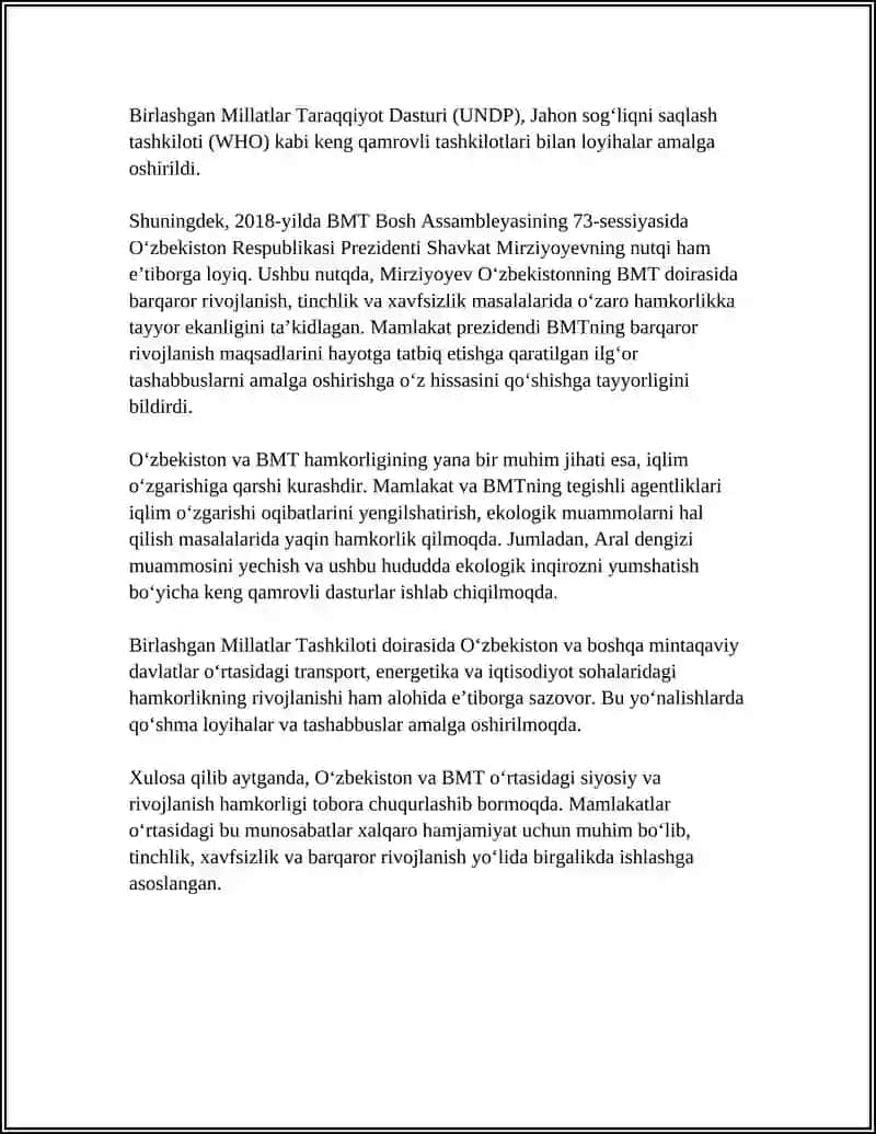 O'ZBEKISTONNING XALQARO TASHKILOTLAR BILAN HAMKORLIK ALOQALARI 4