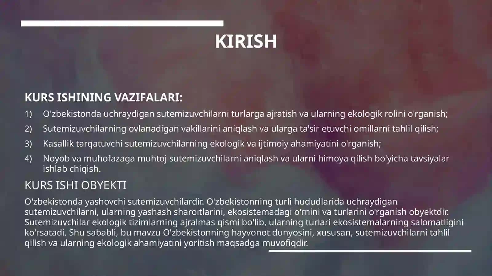 "O'ZBEKISTONDA UCHRAYDIGAN SUTEMIZUVCHILAR, OVLANAYDIGAN VAKILLARI, KASALLIK TARQATUVCHI VA NOYOB TURLARI" 4