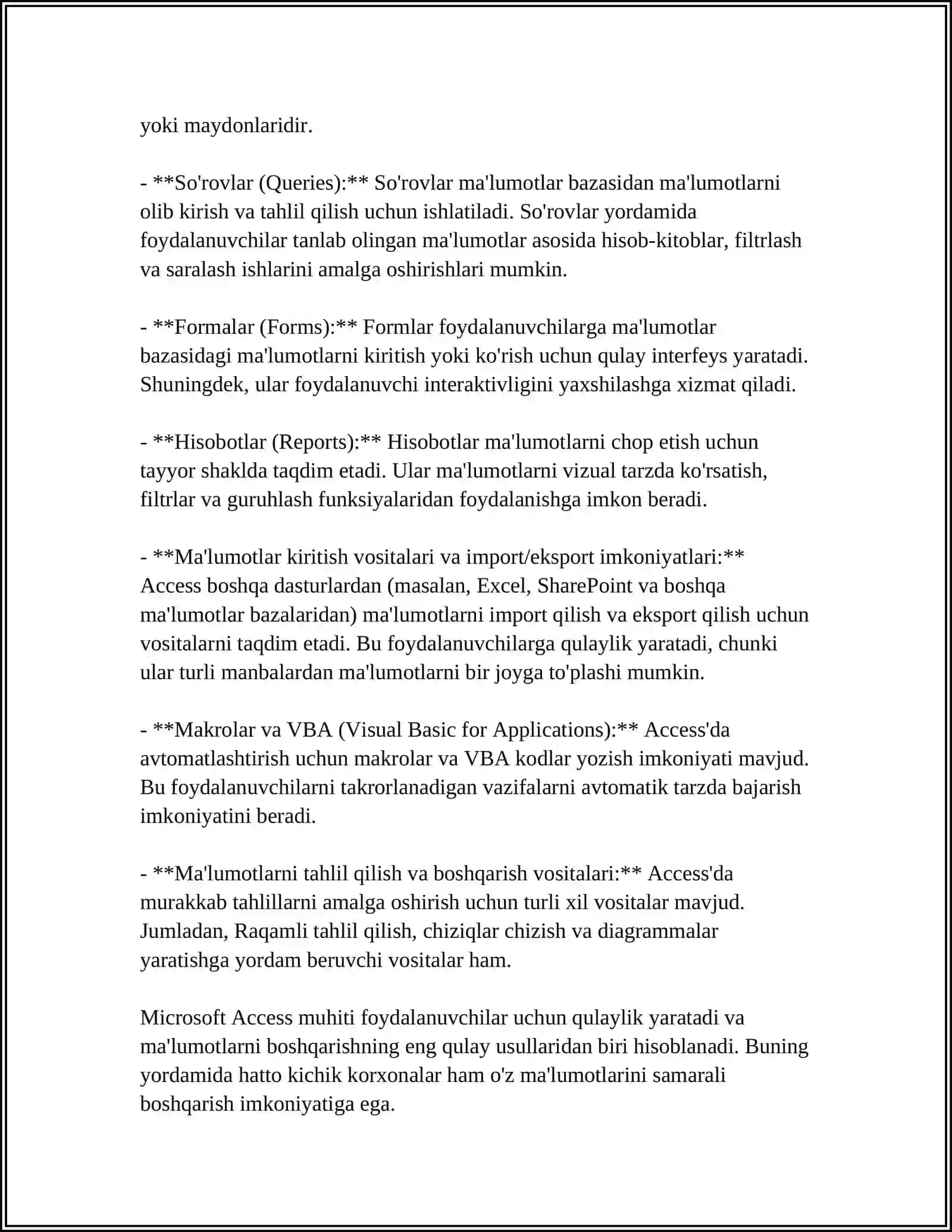 MS ACCESS OBYEKTLARI BILAN ISHLASH VA JADVALLAR HOSIL QILISH REFERAT 4