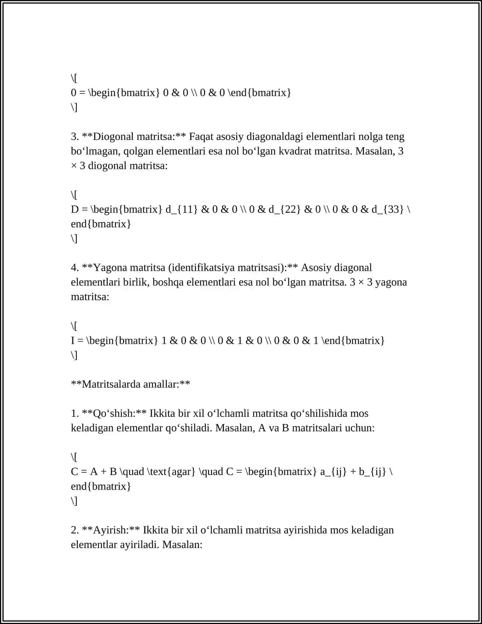 MATRISA TUSHUNCHASI. MATRISALARNI QO'SHISH, AYIRISH, O'ZGARMAS SONGA KO'PAYTIRISH HAMDA MATRISANI MATRISAGA KO'PAYTIRISH 4