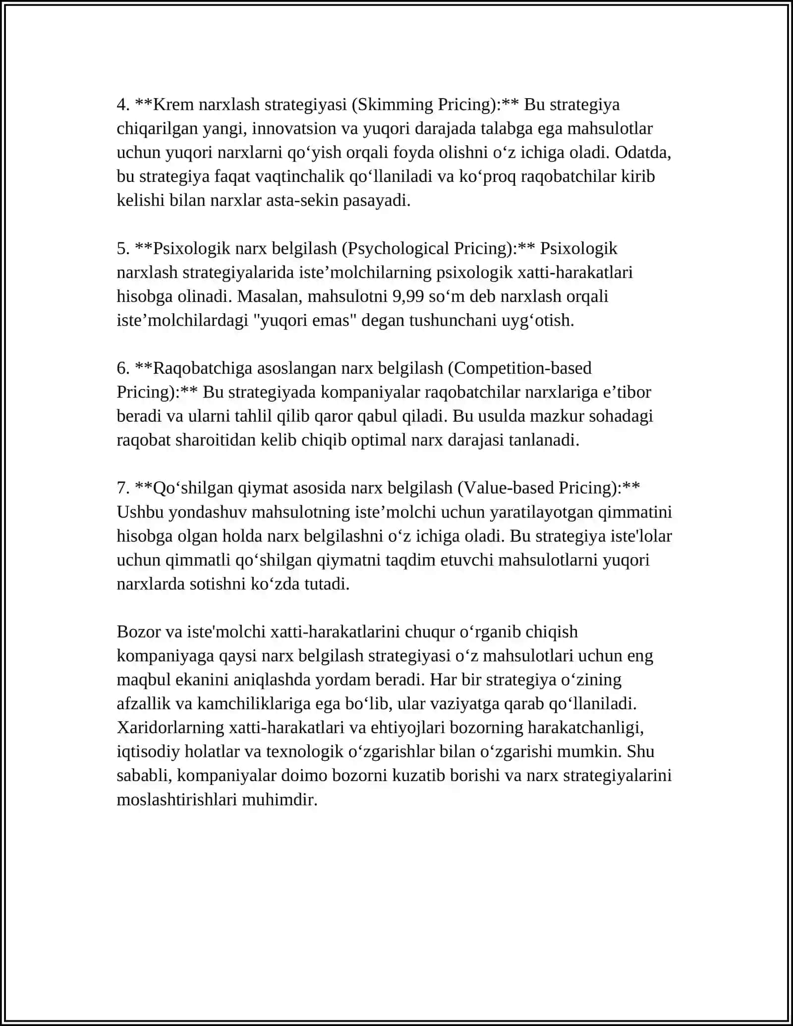 ISʼTEMOL TOVARLARI UCHUN NARX STRATEGIYALARI 4