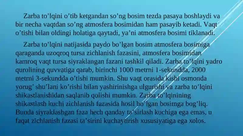 To'lqin zarbi. Jabrlanish zonalari tavsifi. Yorug'lik ajralishi. O'tuvchi nurlanish. 4