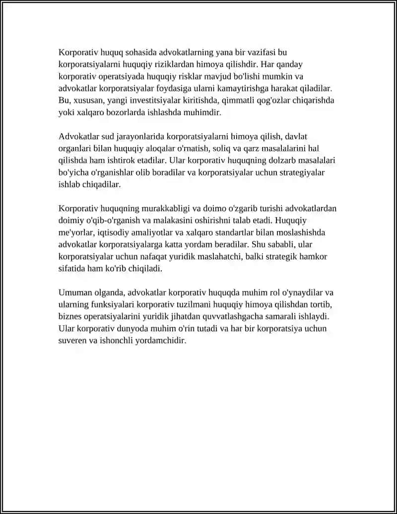 ADVOKATLARNING KORPORATIV HUQUQLARIDAGI O'RNI 4