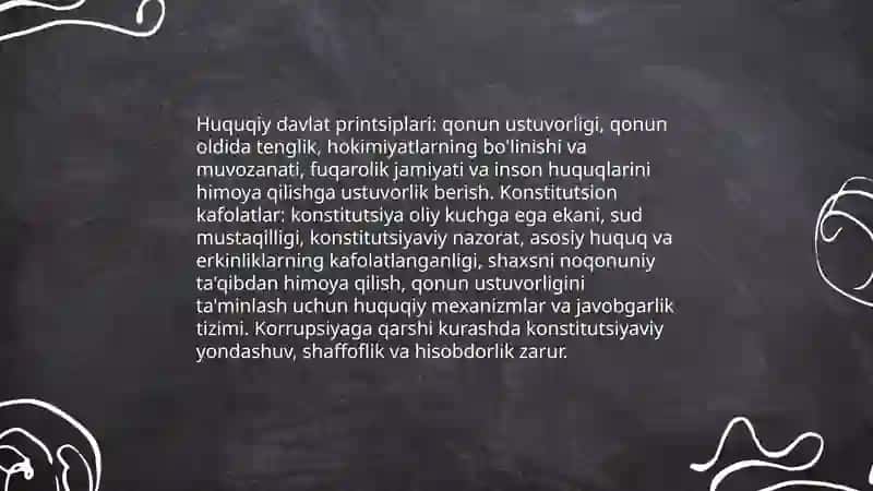 Òzbekistonda qonun ustuvorligini taminlashning demokratik asoslari.korrupsiya Va unga qarshi kurashishning mazmun mohiyati 4
