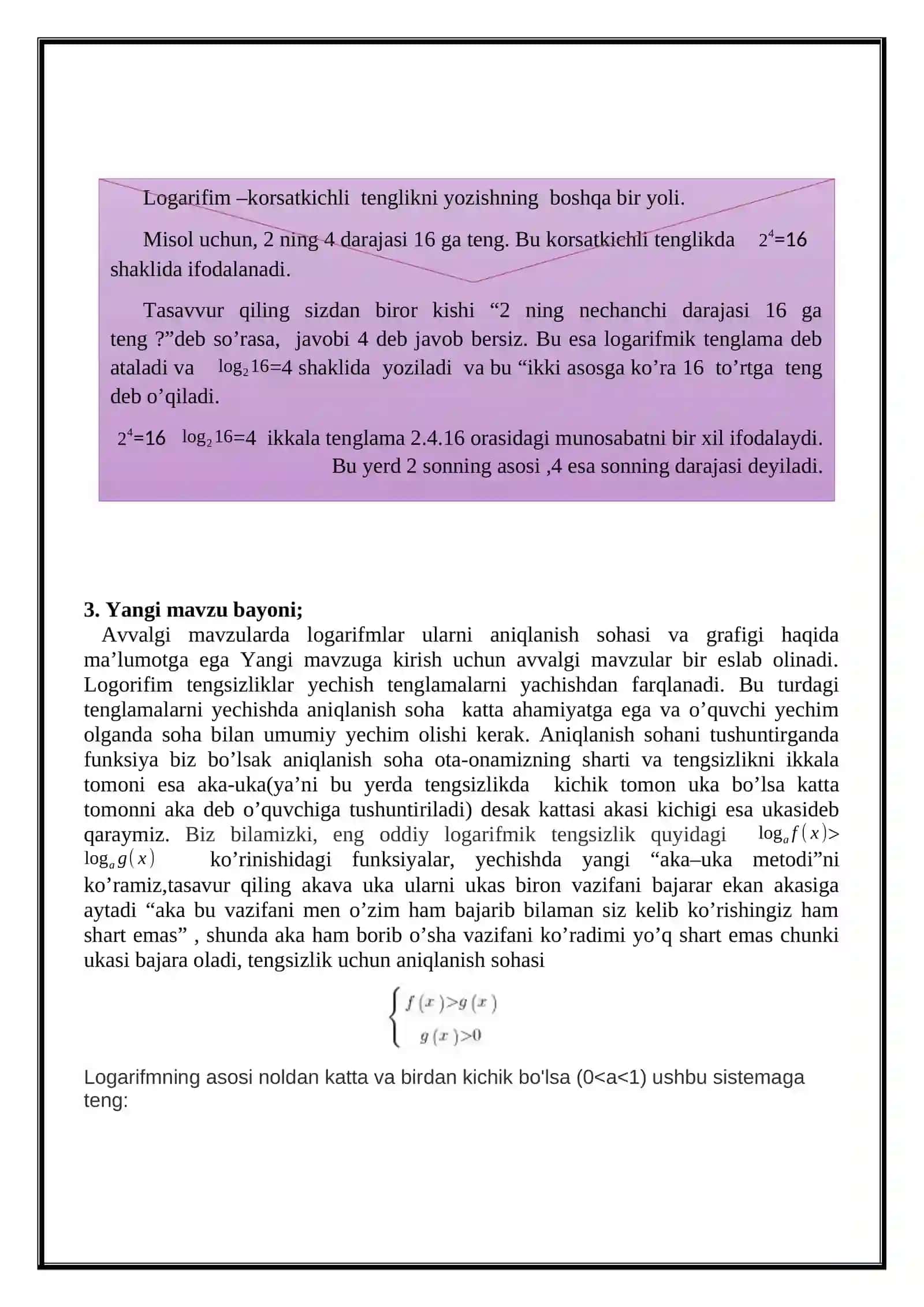 10-sinf Algebra fanidan Logarifmik tengsizliklarni yechishning yangicha usullari dars ishlanma 4