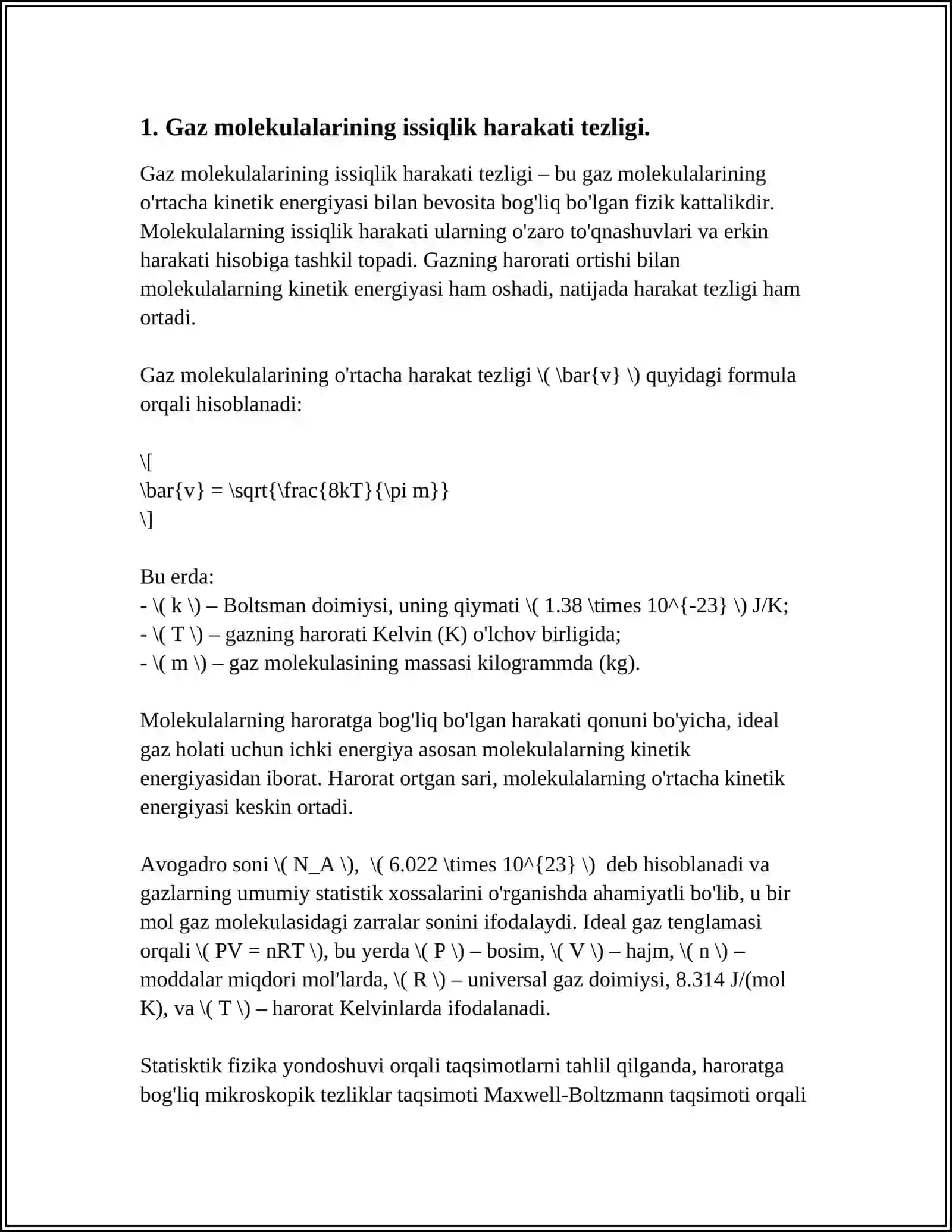 GAZ MOLEKULALARNING ISSIQLIK HARAKATI TEZLIGI 4