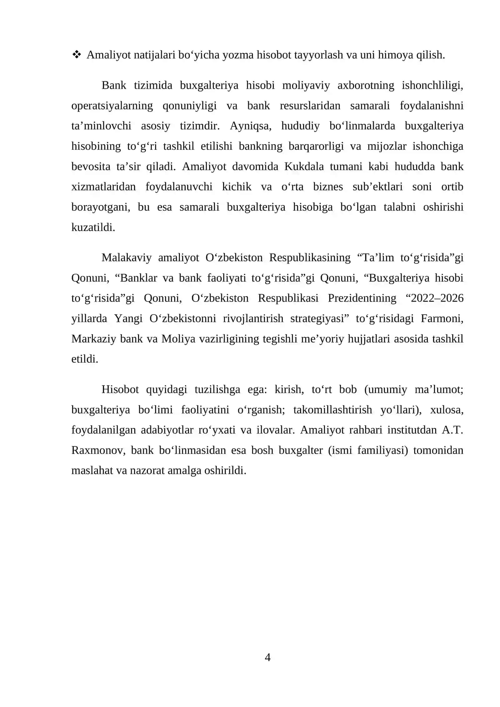 ATB Biznesni rivojlantirish banki. MALAKAVIY AMALIYOT HISOBOTI 4