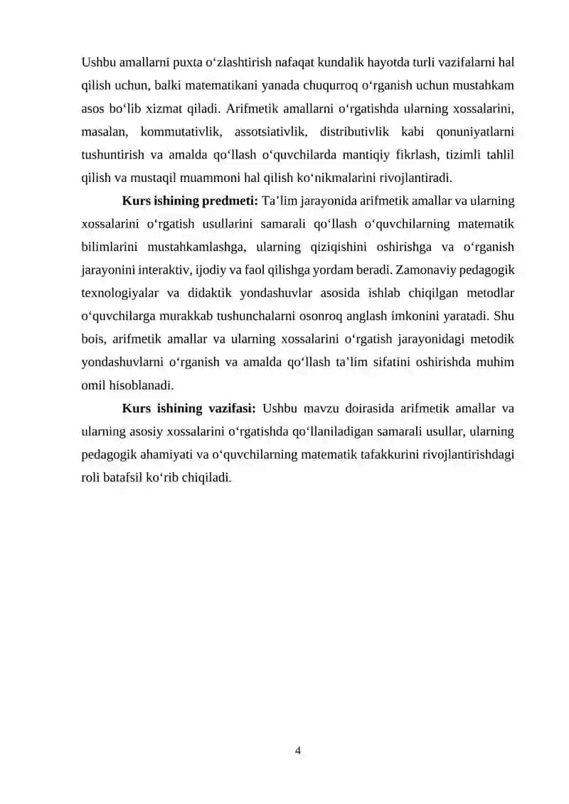 Arifmetik amallar va ularning xossalarini o’rgatish usullari 4