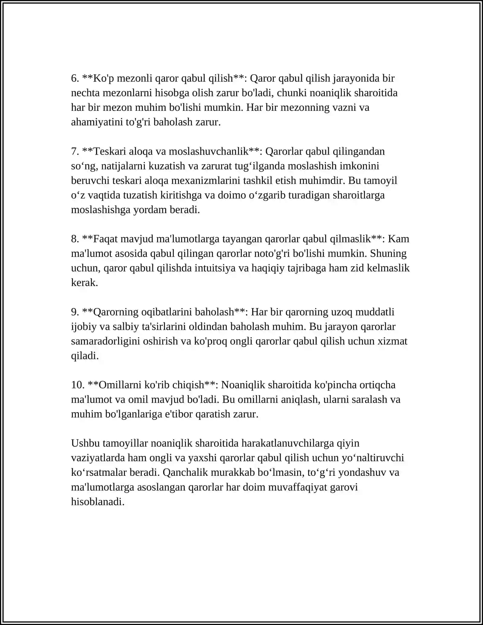 NOANIQLIK SHAROITIDA QARORLAR QABUL QILISH 4