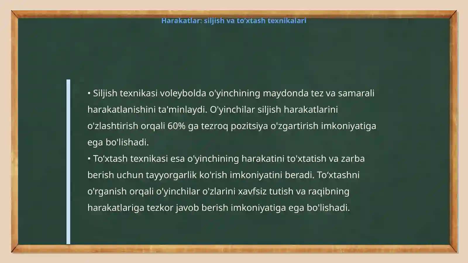 Voleybol oʻyinida holatlar va harakatlanishlar turish, siljish, sakrash, toʻxtash, burulish texnikasini oʻrgatish 4