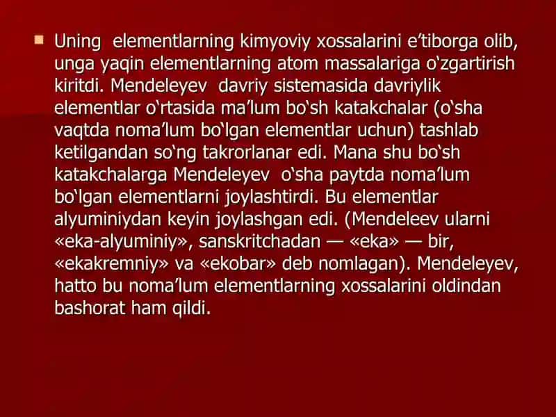 Davriy qonun va elementlarning davriy sistemasi. D.I.Mendeleyevning kimyoviy elementlar davriy jadvali va davriy qonunning kashf qilinishi. Eritmalar va ularning turlari 4