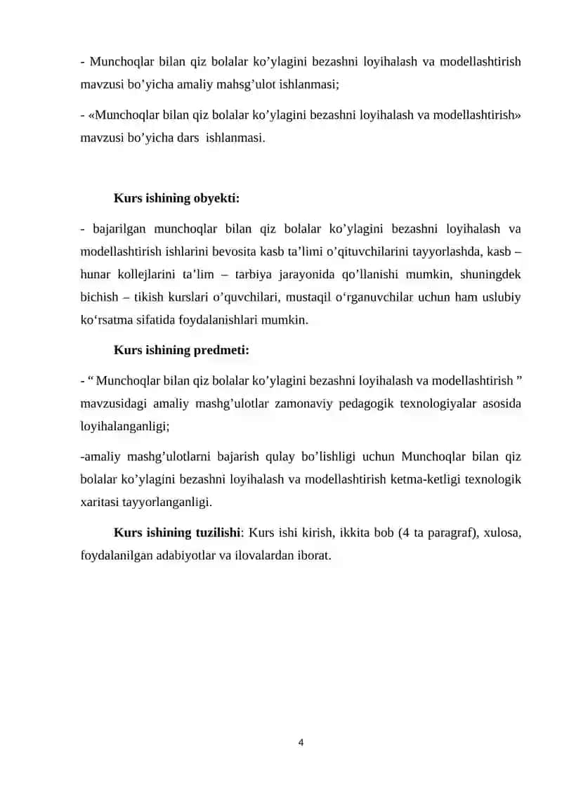 Munchoqlar bilan qiz bolalar ko’ylagini bezashni loyihalash va modellashtirish kurs ishi 4
