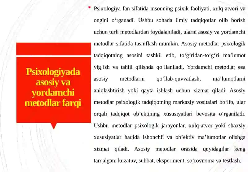 Psixologiyafanida qo’llaniladigan yordamchi metodlar 4