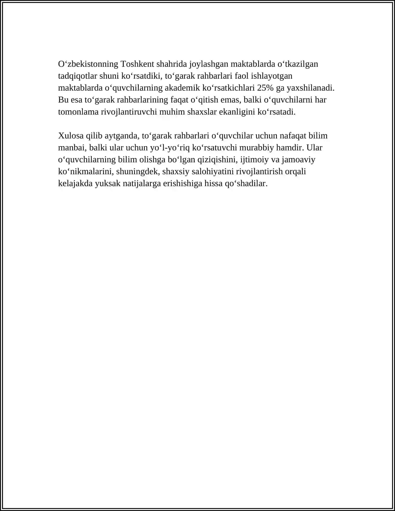 O’QUVCHI YOSHLAR O’RTASIDA IJODIY,MADANIY, ISTEDODLARINI ANIQLASH VA ULARNING QOBILIYATLARINI YUZAGA CHIQARISHDA TO’GARAK RAHBARLARINING O’RNI 4