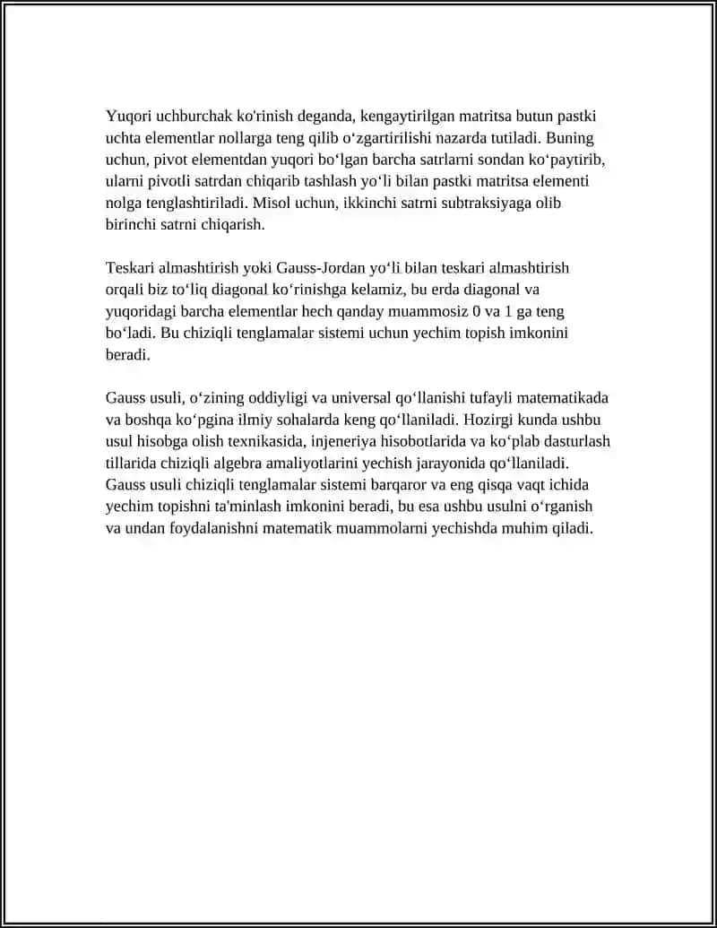 CHIZIQLI TENGLAMALAR SISTEMASINIGAUSS USULDA YECHISH 4