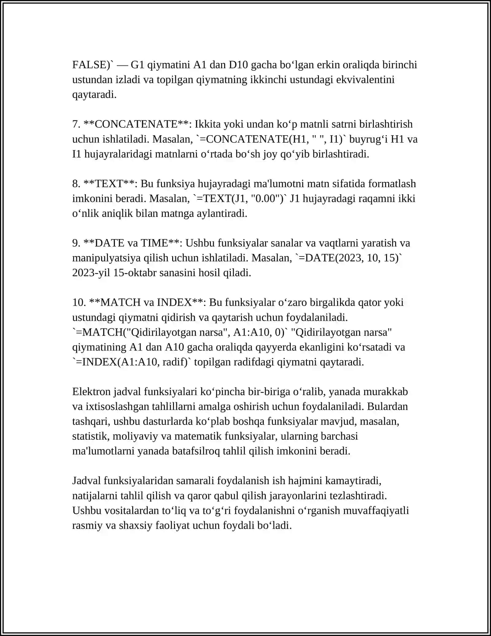MUTAXASSISLIKKA OID MASALALARNI ELEKTRON JADVALDA ЕCHISHDA FUNKSIYA, FORMULALARDAN FOYDALANISH. FILTRLAR BILAN ISHLASH. YAKUNIY NATIJALAR OLISH VA HISOBOT SHAKLIDA TAYYORLASH 4