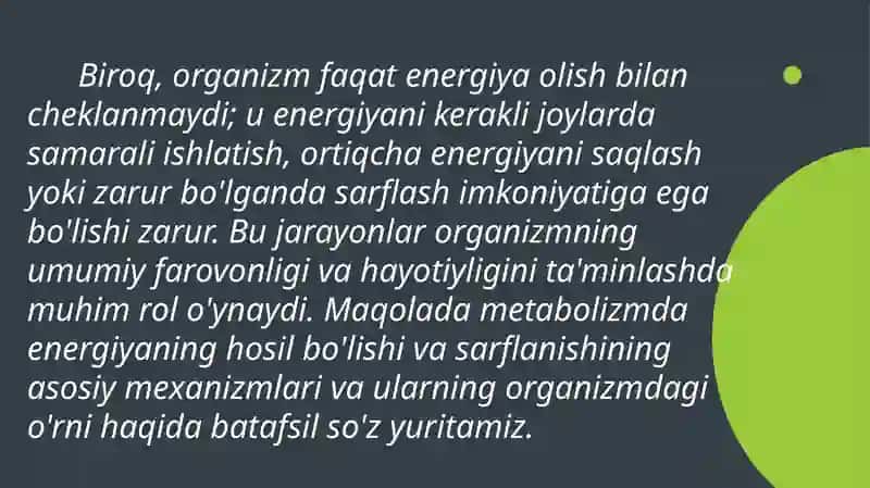 METABOLIZM JARAYONIDA ENERGIYA HOSIL BO'LISHI VA SARFLANISHI 4