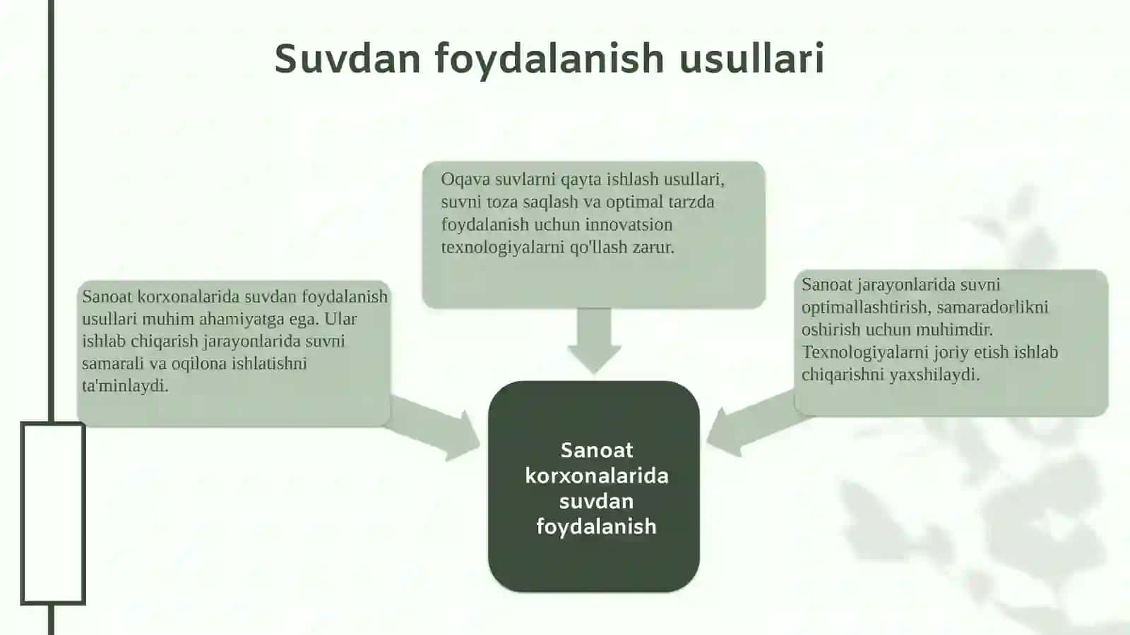 Sanoat korxonalarida suvdan foydalanish,oqava suvlarning hosil bo’lishi,ularning tasniflari 4