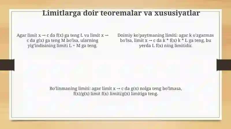 Yuqori va quyi limitlar. Limitlarga doir tushunchalarni oʻrgatish va ularga misollar keltirish 4