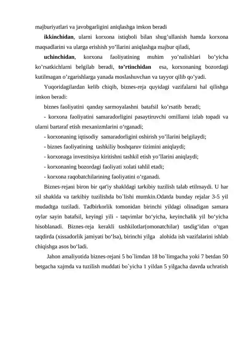 BIZNES FAOLIYATIDA BIZNES REJASINI ISHLAB CHIQISH TARTIBI 4