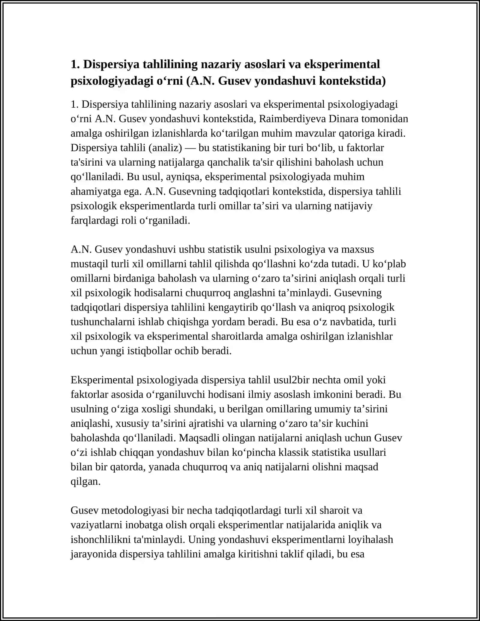 EKSPERIMENTAL PSIXOLOGIYADA DISPERSION TAHLIL USULINING O‘ZIGA XOS TOMONLARI A.N.GUSEVNING TADQIQOTLARINI TALQIN ETISH MAVZUSIDA 4