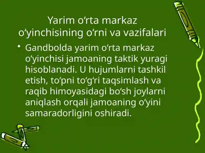 Gandbol o’yinida yarim o’rta markaz o’yinchilarini mahoratini oshirish. Ikki tomonlama o’quv o’yini. 4